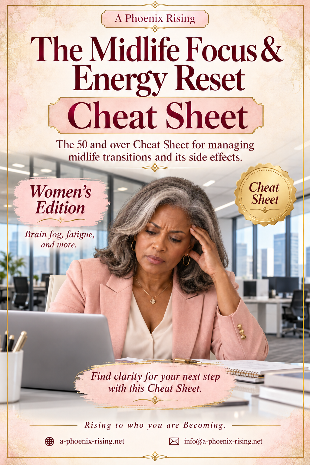 Women’s Cheat Sheet cover with a thoughtful executive in her corporate office
