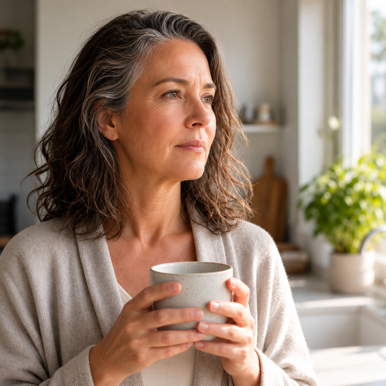Mature woman holding a cup and pausing thoughtfully
